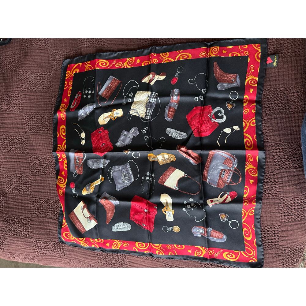 Brighton Vintage 100% Silk Black/Red Bags Shoes Accessories Shopping Motif Scarf - Picture 2 of 7